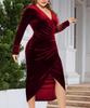 Plus Size Velvet Bodycon Dress with Pleated Wrap & Deep V Neck