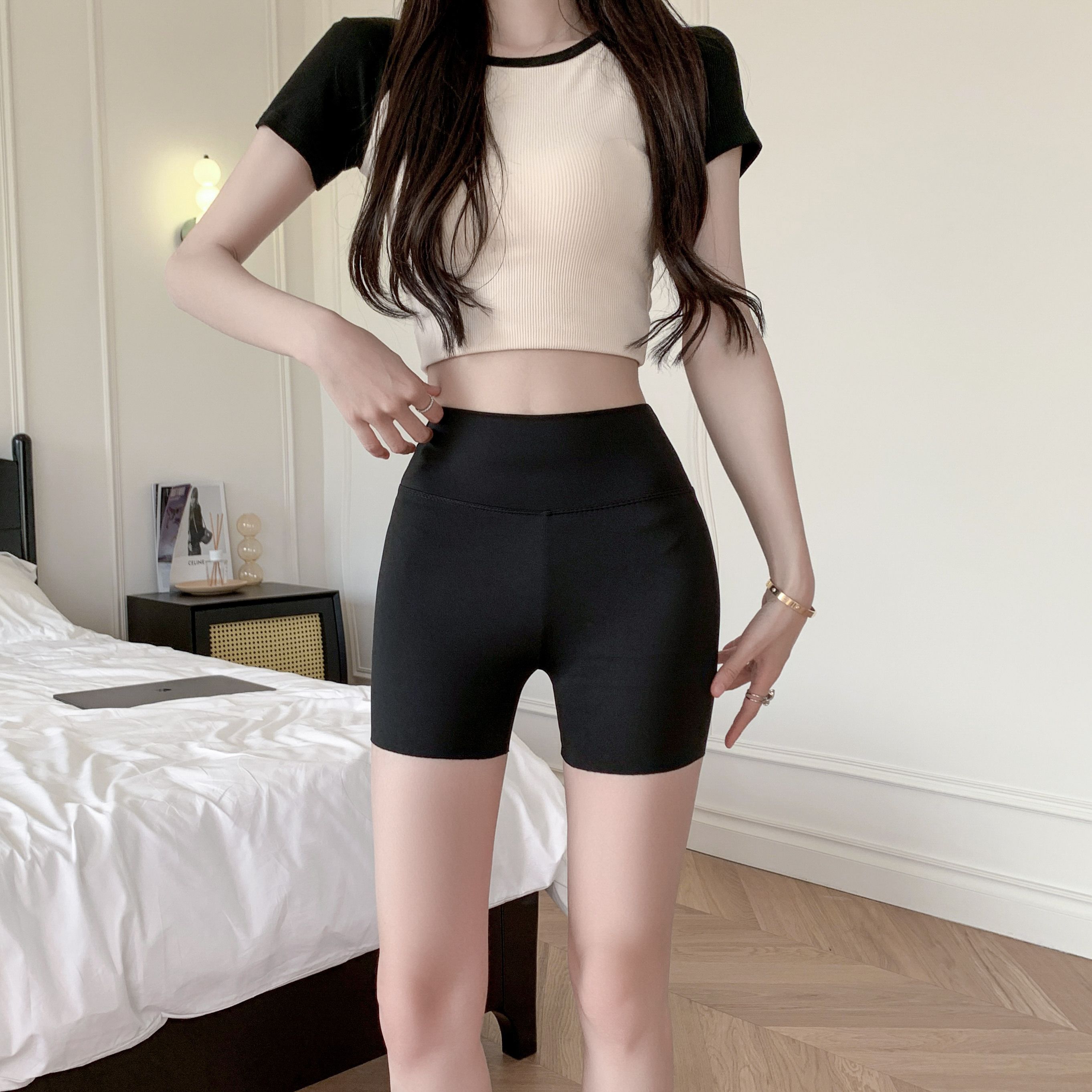 

Бесшовные спортивные шорты, женские трусики с высокой талией, защитные брюки на животе и бедрах, обтягивающее нижнее белье, трусы-боксеры из ледяного шелка L чёрный