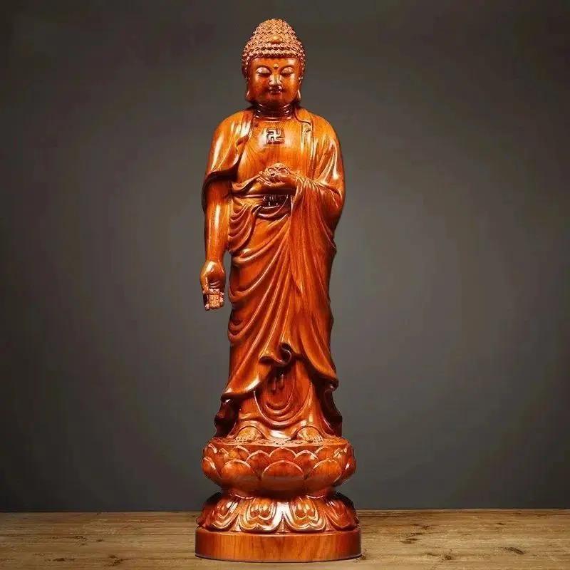 Adorno de Estatua de Buda de Pie de Palo de Rosa Obra Maestra Festiva Regalo Estatua de Adoración Familiar Escultura de Madera Decoración Hecha a Mano