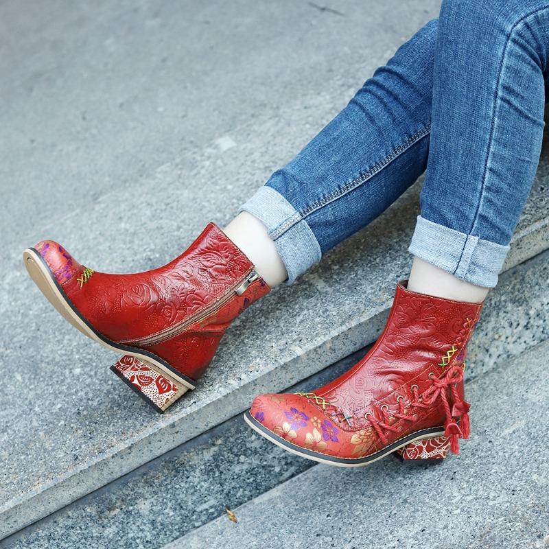 Autumn and winter new hand-rubbed genuine patchwork printed strap women s booties 36 красный