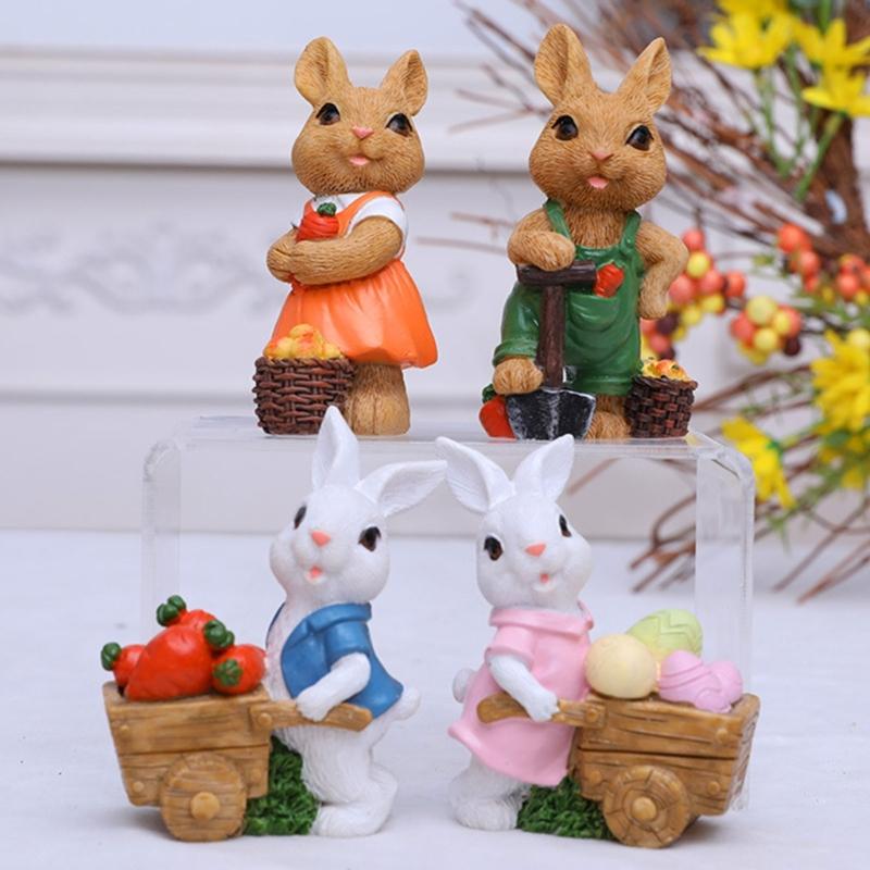 2Pcs Easters Bunnies Sculptures Resins Animal Ornaments Rabbit with Cart Figurines for Balconies Patios or Home Decors