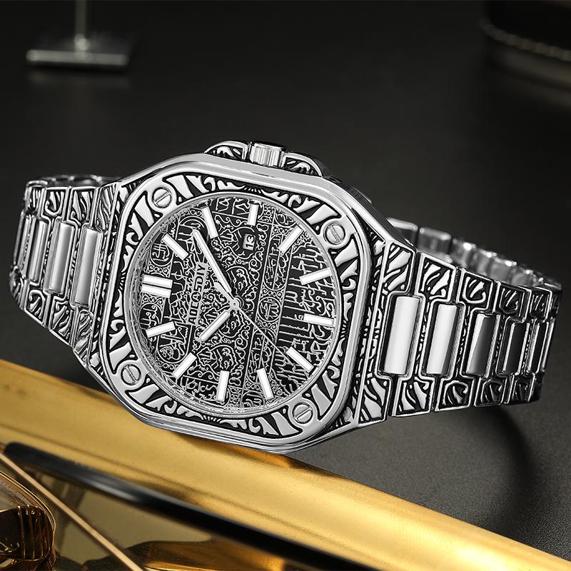 Vintage Men Quartz Watch Luxury Auto Calendar Specific Lines Stainless Steel Strap Wristwatch For Mans Analog