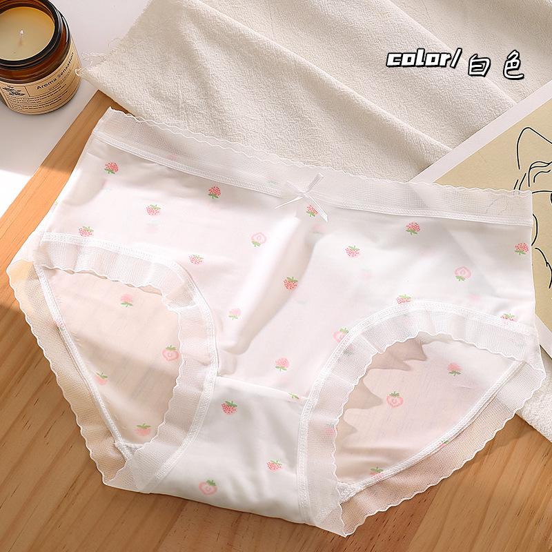 Sweet Strawberry Print Lace Trim Seamless Teen Girl Panties - Comfortable, Breathable, Mid-Waist Briefs