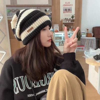 Wollmütze im japanischen Stil mit Streifen und lockerer Passform - Unisex Herbst/Winter Warme gestrickte Slouchy Beanie