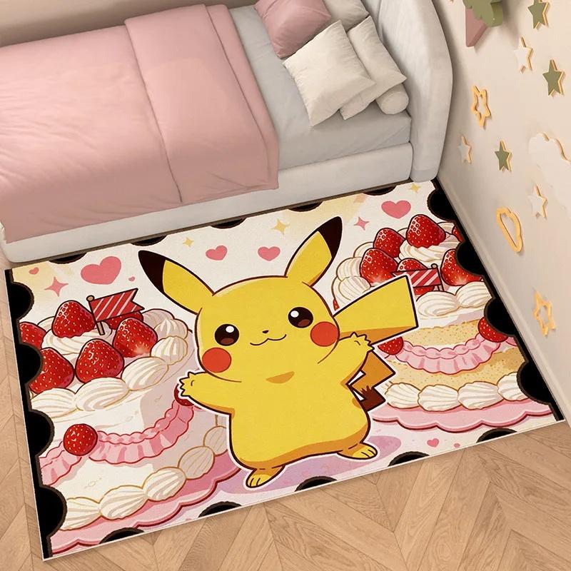 Area Rug, Faux Cashmere, Pikachu 3D Print, Soft Water Absorbent, Cute Strawberry Cartoon Bedroom Floor Carpet