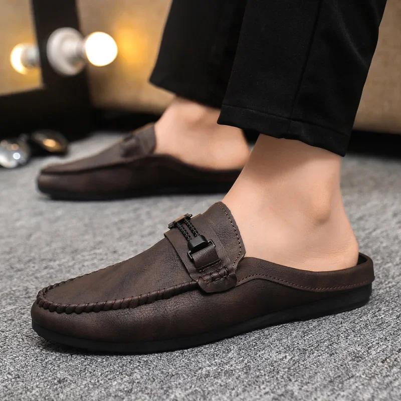 

Spring Summer Leather Men Half Slippers Breathable Men s Casual Shoes Slip-on Lazy Driving Shoes Comfortable Walking Loafers 39 коричневый