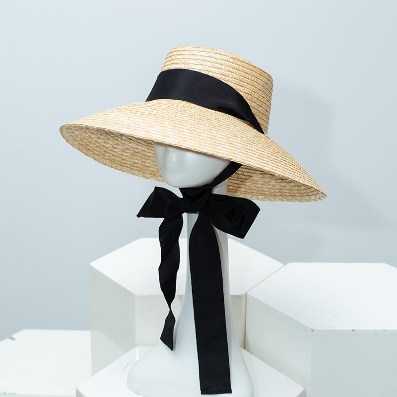 Female Natural Stiff Wheat Straw Boater Hat Summer Flat Top Fedora Hat Women Wide Brim Sun Hats for Travel Beach Jazz Panama New
