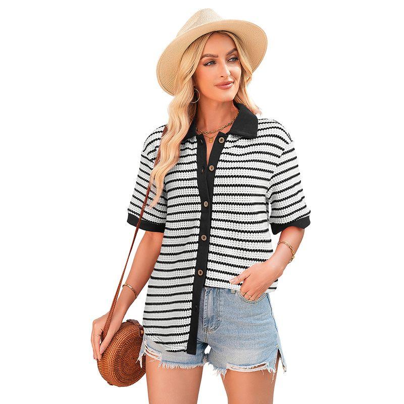 

American Shiying Stripe Patchwork Lapel Short sleeve Shirts Women 2025 Summer New All-Match Single-Breasted Shirt Stripes 2 Size XL Fit (75.00 kg-82.50 kg