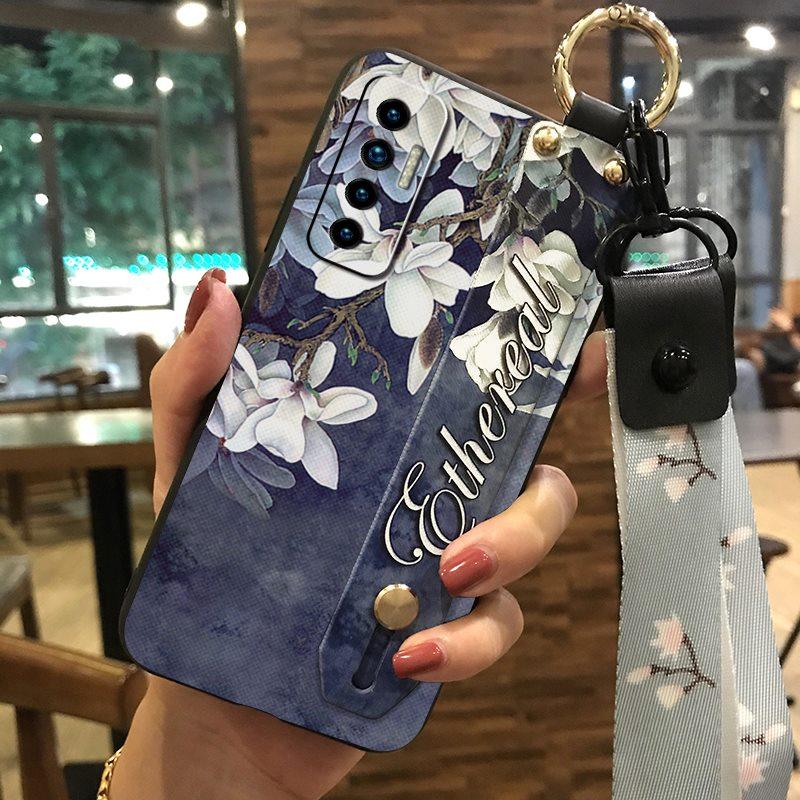 Soft case Silicone Phone Case For Tecno Camon17P Dirt-resistant Flower Durable Wrist Strap Wristband Lanyard Ring