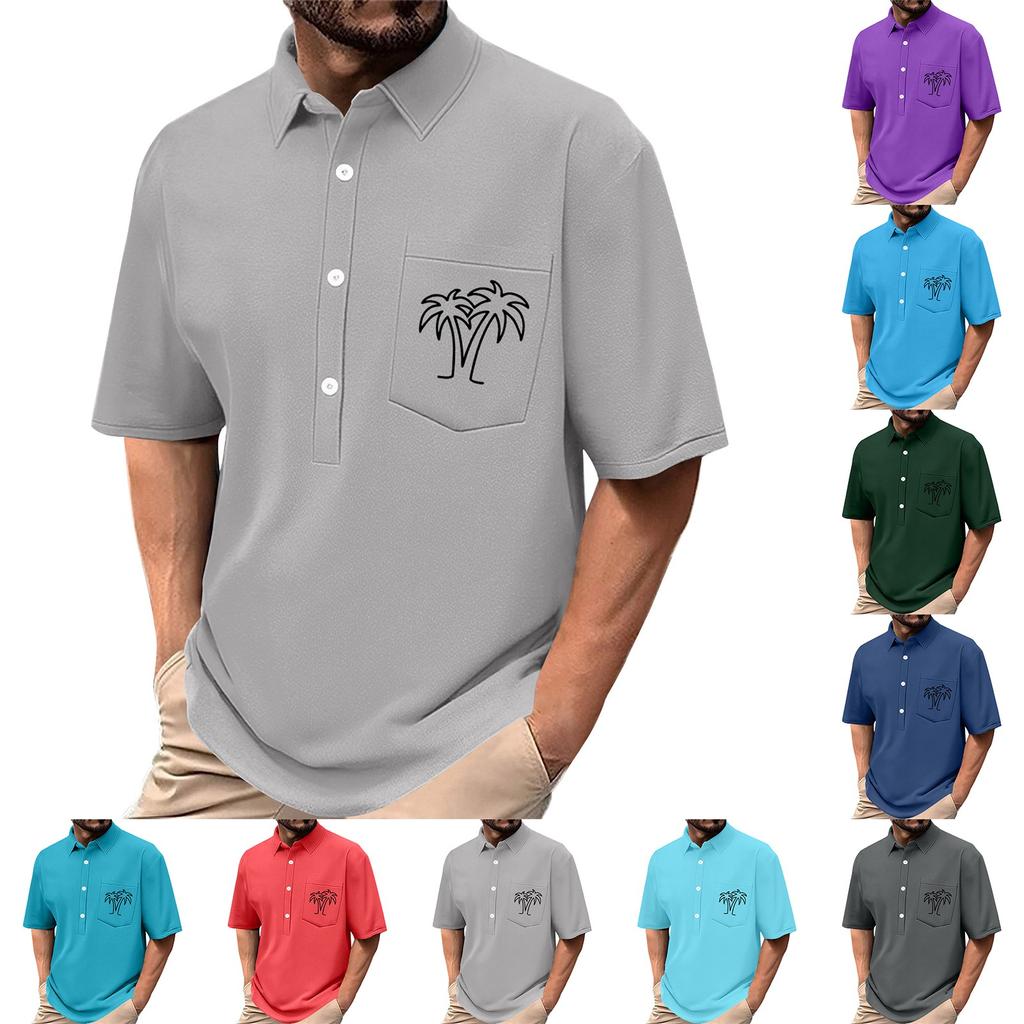 Men's Summer Solid Color Print Four-sided Stretch Lapel Button Pocket Shirt Casual Sports Short-sleeved Top