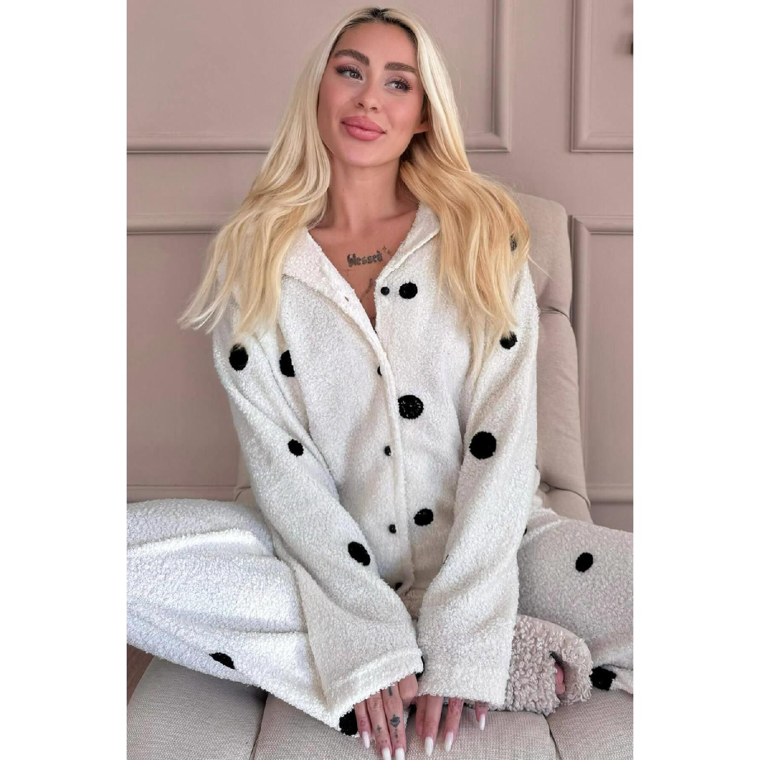 

White Dot Patterned Front Buttoned Women s Pajama Set S/M белый