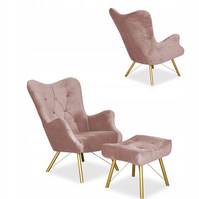 Scandinavian Armchair Luna with Footrest, Pouffe, Button,, Lilac, Dirty Pink