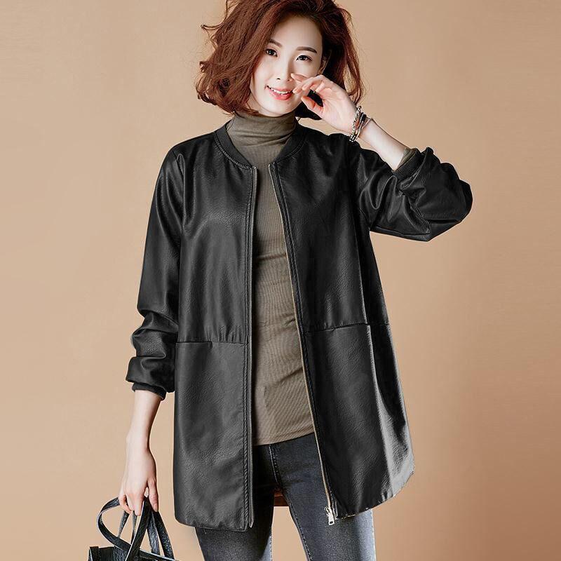 Spring and Autumn Women's Mid Length Leather Jacket PU Baseball Uniform Commute Style Loose and Slimming Faux Leather Coat