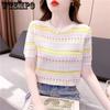 Striped Short Sleeved Knitted Shirt for Women In Summer Round Neck Top Korean Version for Women