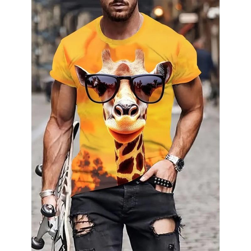Colorful Giraffe Pattern T Shirt For Men Colorful Animal 3D Print Short Sleeve Tees Summer Street Loose Tops Round Neck T-Shirts