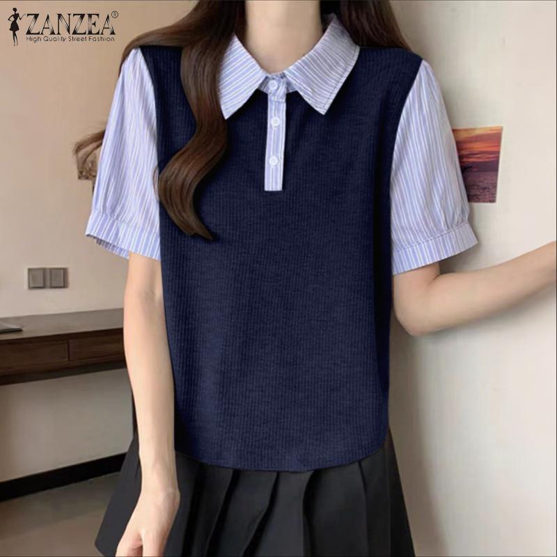 ZANZEA Bluză casual de vară cu mânecă scurtă pentru femei, cu patchwork cu dungi
