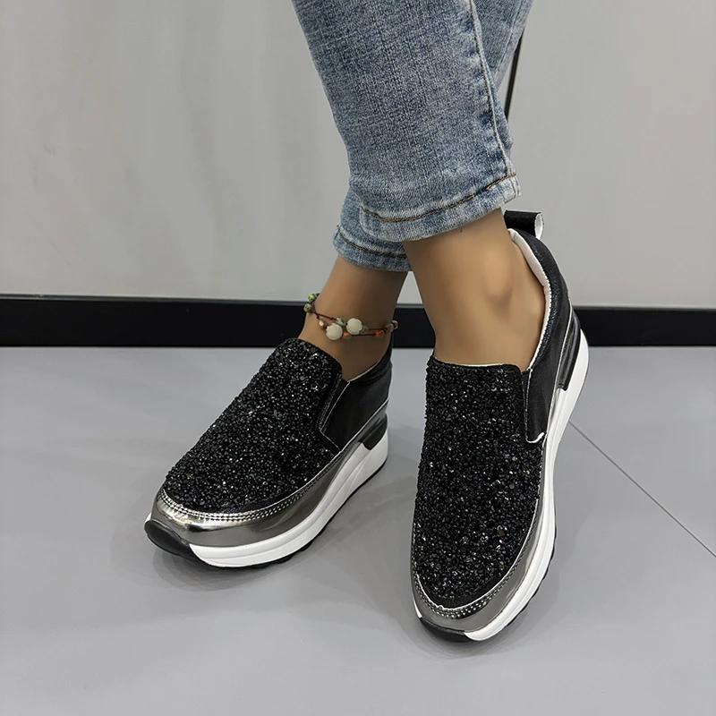 Fashion 2024 Spring and Autumn Women's Loafers Silver Sneakers Rhinestone Platform Shoes Inner Heightening Sneakers Zapatos De Mujer