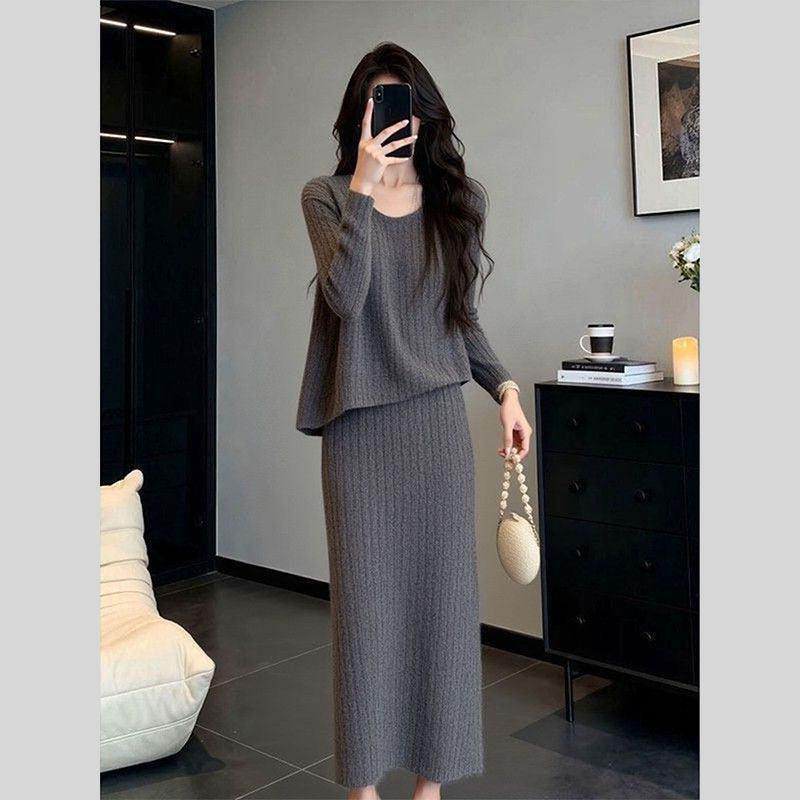 2026 Elegant Grey Knit Two-Piece Set: Lazy Style Top & Skirt for Women
