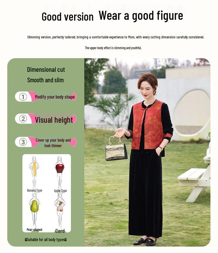 Chinese Gold Velvet Vest Set for Middle-Aged Women - Spring/Autumn Noble Lady Style