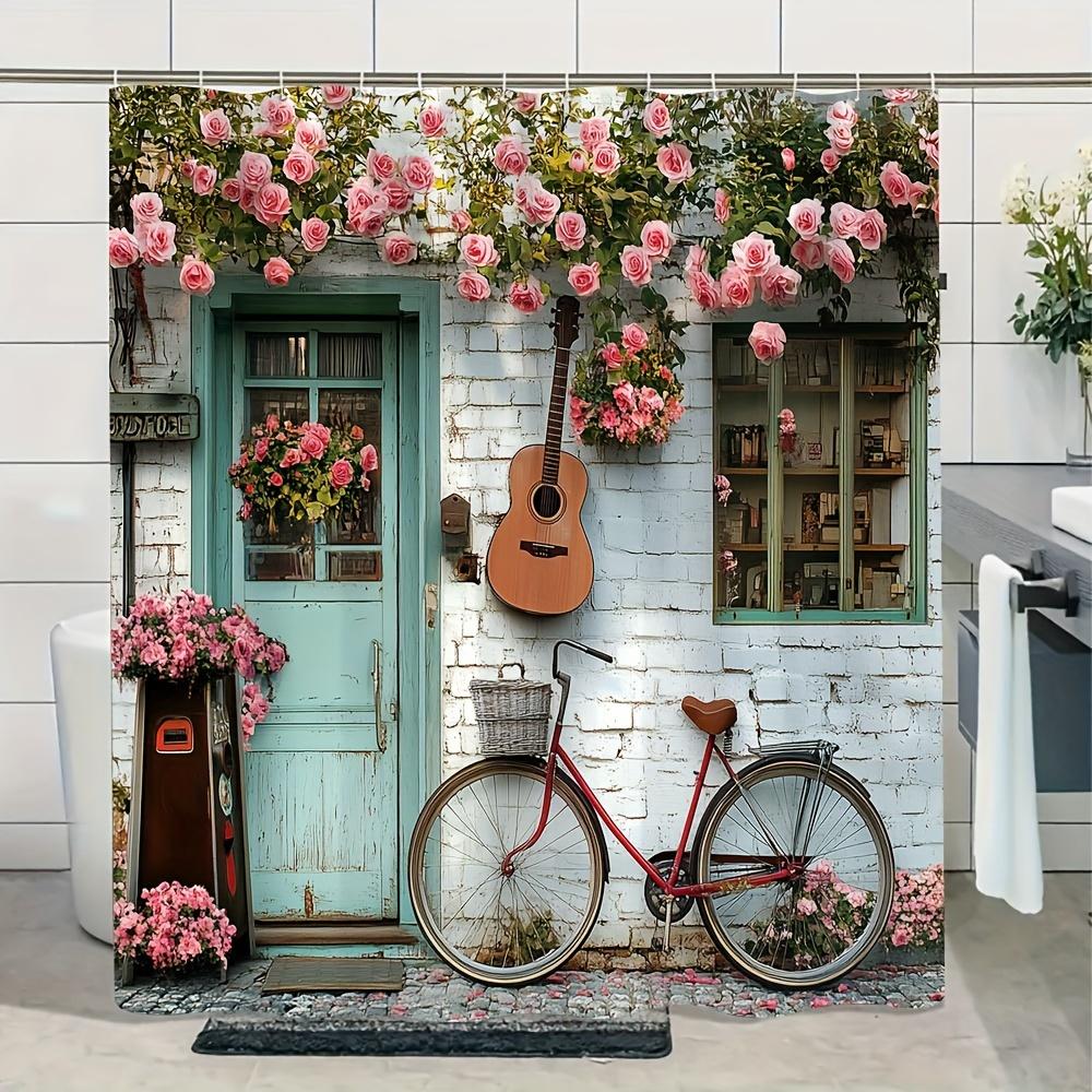 Charming Floral Cottage with Bicycle Shower Curtain- Whimsical Bath Decor, Perfect for Those Who Love Cute
