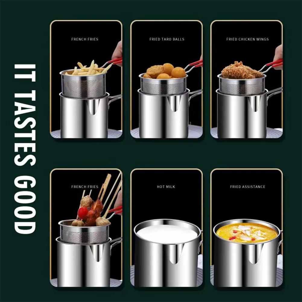 Kitchen Fryer with Strainer & Food Tongs Stainless Steel Tempura Small Deep Frying Pan Deep Fryer Pot for Kitchen Fried Chicken