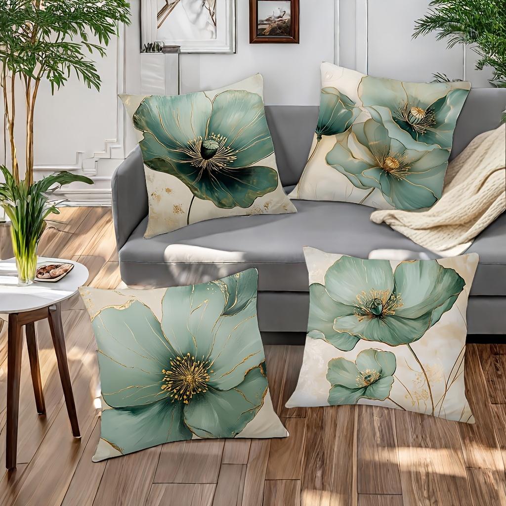 Vibrant Natural Green Blue & Golden Botanical Print Throw Pillow Sofa Bed Living Room Office Beach Theme Decor