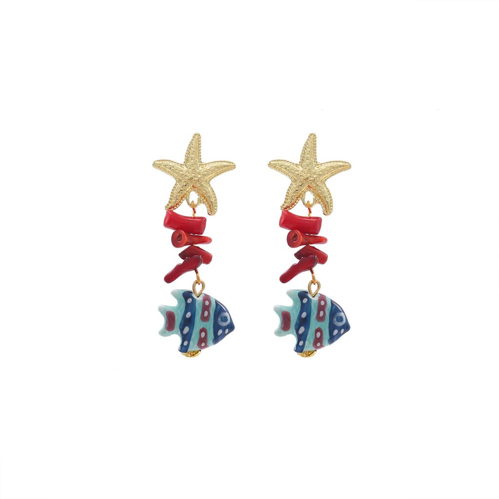 2025 Colorful Ceramic Fish Drop Glaze Earrings for Women Starfish Stone Beaded Earrings  Beach Style Summer Jewelry Accessory