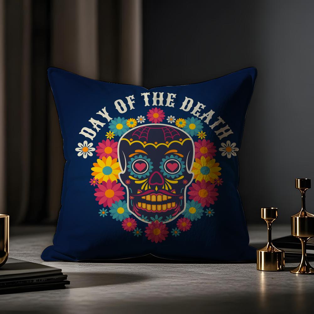 Mexico Easter Flower Skeleton Cushion Cover Case Antidustmite Pillowcase Invisible Zipper Silky Short Plush Sofa Cushion Cover
