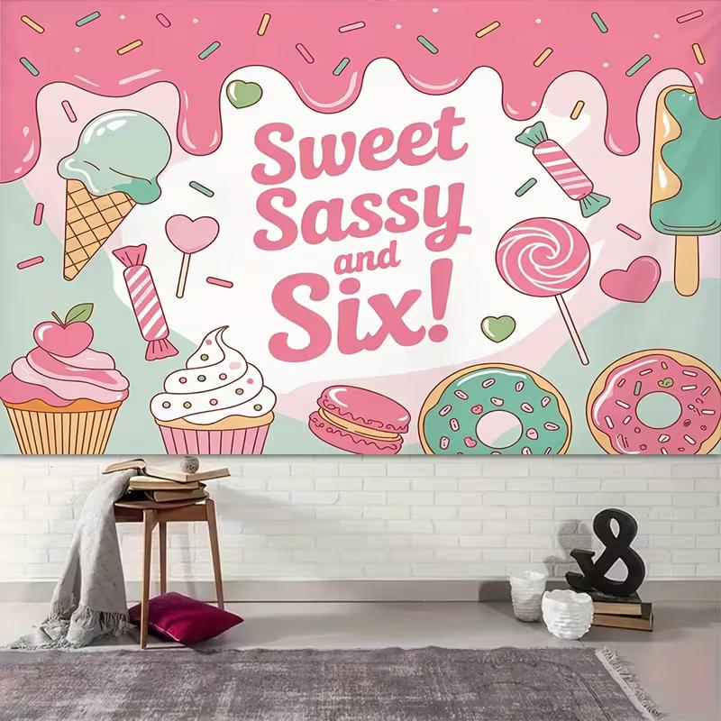 2D 6th Birthday Sweet Treat Background Cloth, Pink Ice Cream Party Backdrop