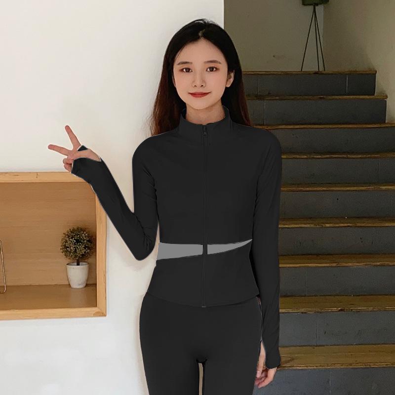 New Pilates training yoga clothes top women s quick-drying fitness clothes sports running contrasting color long-sleeved jacket spring S