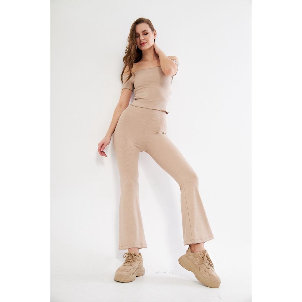 Flare Leg High Waist Lycra Fitting Ribbed Leggings Trousers