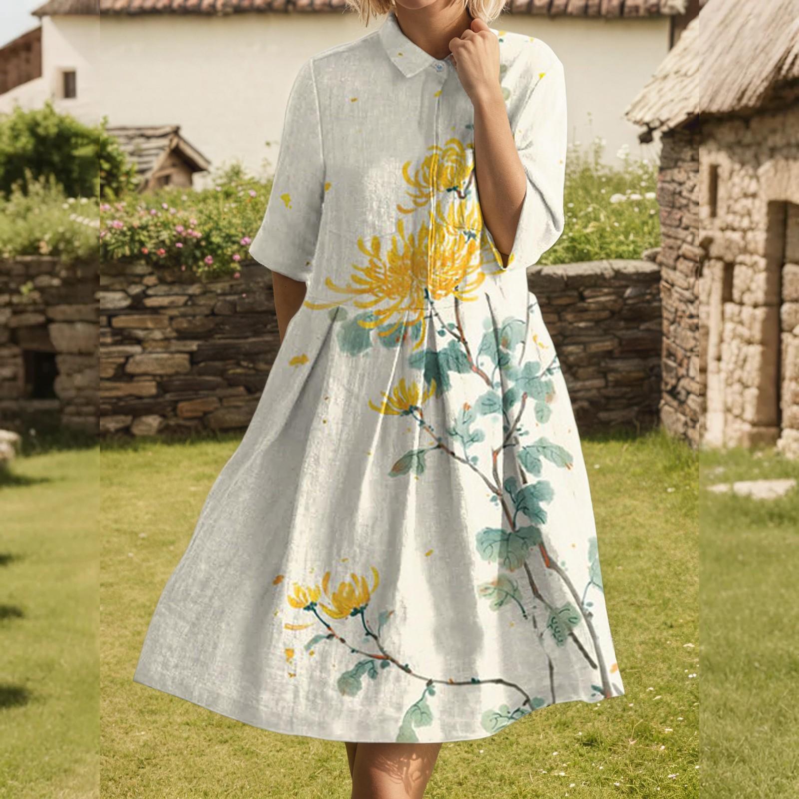 

Платье для женщин элегантное повседневное со сборками, с лацканами на пуговицах, с коротким рукавом, длиной до колена S бежевый