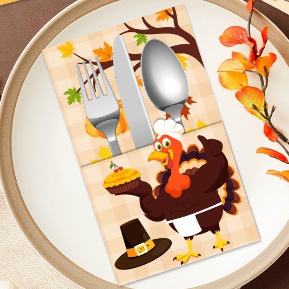 6pcs Turkey Maple Leaf Cutlery Storage Bags Autumn Theme Tableware Cover  Home Decor
