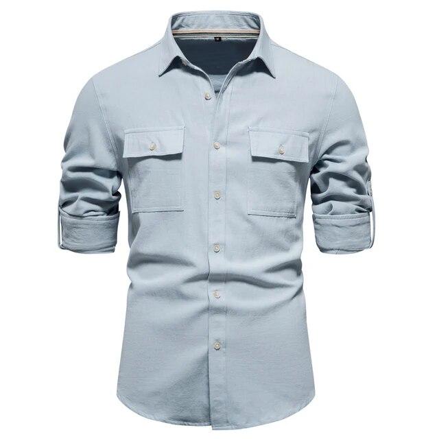 Cotton Casual Men's Shirts Solid Color Double Pockets Long Sleeve Shirts for MenSpring Designer Clothing Men