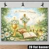 One Background Cloth for the First Communion Party with Golden Glitter and the Text "Mi Primera Comunión" As the Theme.