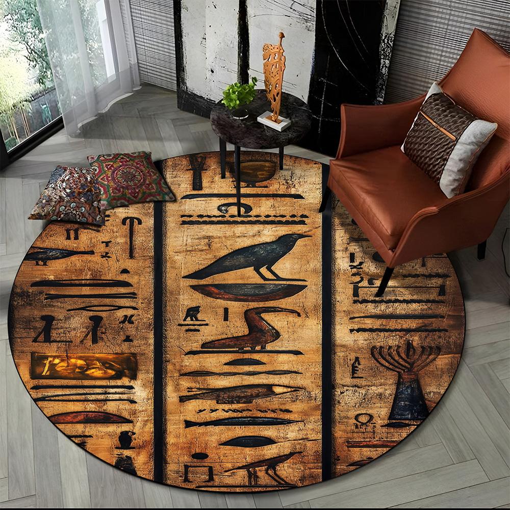 2025 New Ancient Egypt Hieroglyphic Mythology Wall Painting Glyph Round Carpet Rug for Bedroom Living Room Sofa,Decor Floor Mat