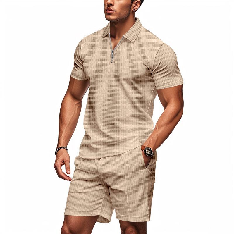 Men Waffle Turn Down Collar Polo Short Sleeve Shorts Casual Two Piece Set