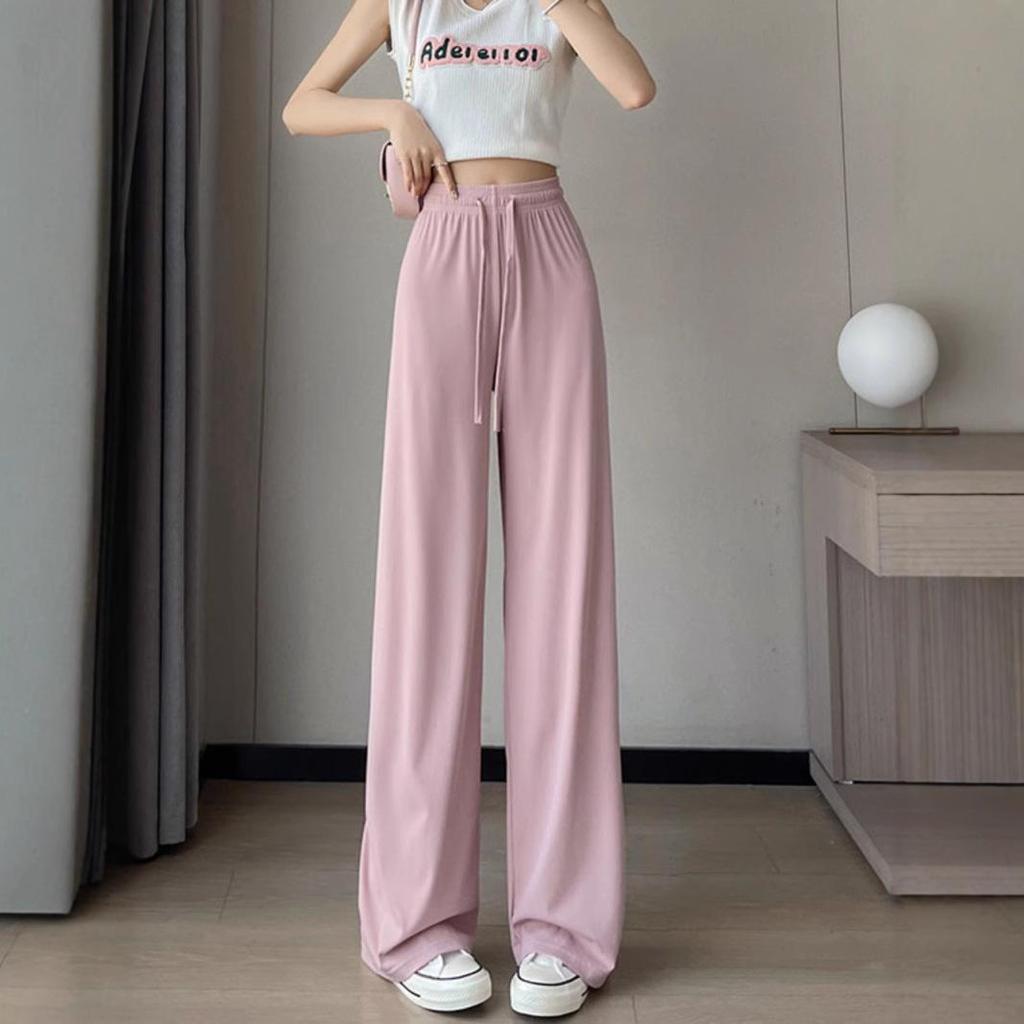 2025 Women's Summer Ice Silk Wide-Leg Floor-Length Pants - Thin, Loose, Slimming, Casual Straight Leg Fit