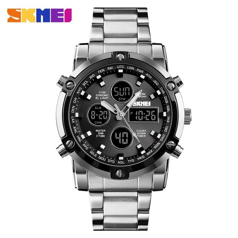 Dual Display Electronic Watch, Multi-function Steel Strap, Large Dial, Three-time Men's Waterproof Watch
