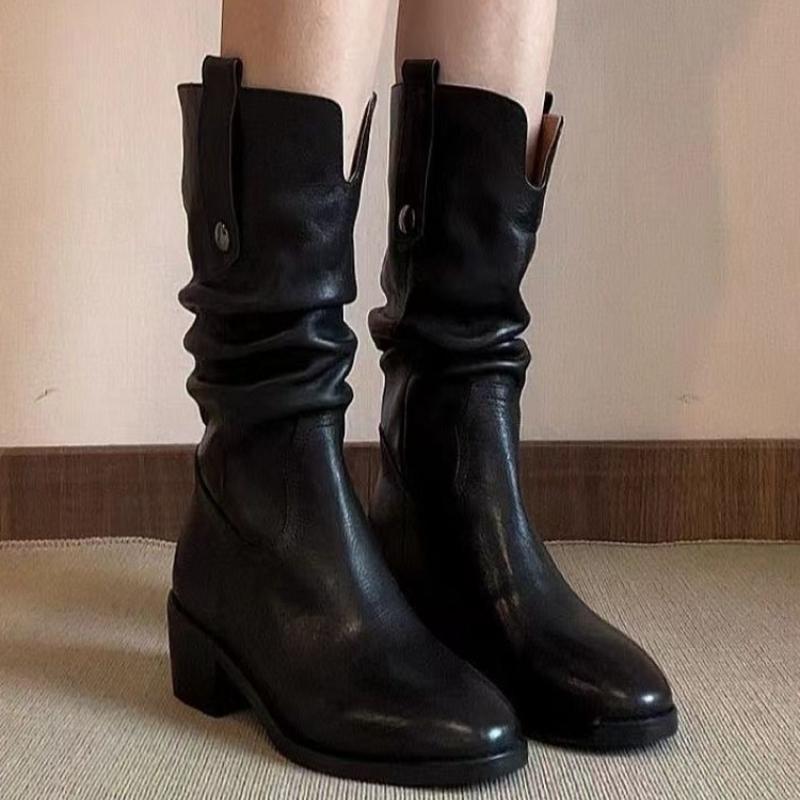 Middle Heel Leather Ladies Mid Calf Shoes Autumn Winter Fleece-Lined Women's Half High Boots Gyaru 2025 Novelty New Gothic Boot