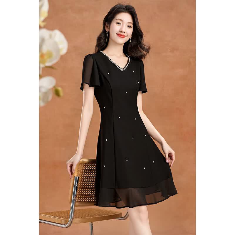 Elegant V-Neck A-Line Midi Dress with Spliced Design чёрный