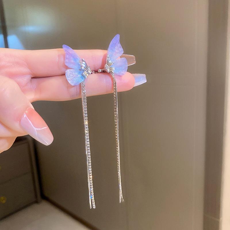 Cold wind, diamond-set zircon flower, butterfly tassel, no ear piercings, earbone clip, trendy personalized earrings, women's earrings.