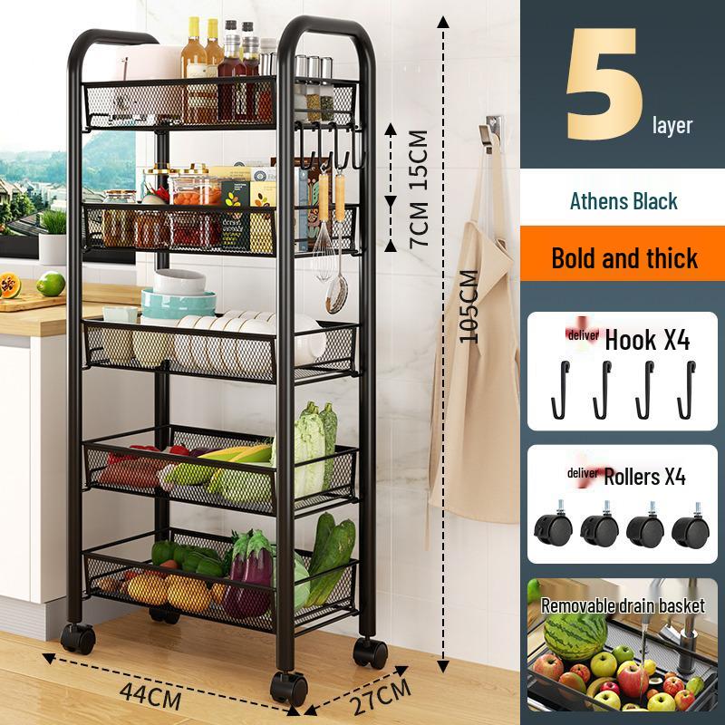 Multi-layer Movable Kitchen and Bathroom Storage Trolley and Vegetable Basket