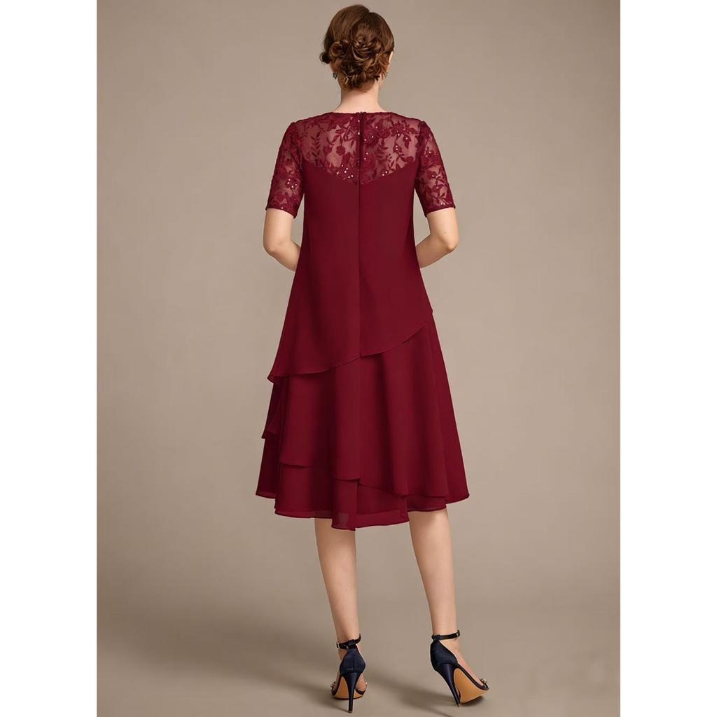 Nuovo Vestito da Donna Taglie Forti in Chiffon con Intarsi in Pizzo Traforato Manica Corta Vestibilità Aderente per il Lavoro e il Tempo Libero