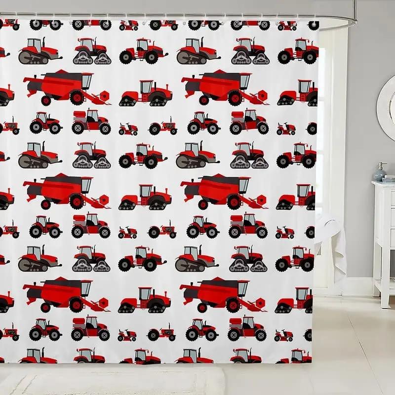 Kid Excavator Shower Curtain Tractor Mechanic Truck Construction Vehicle Boys' Bulldozer Crane Hanging Curtains Bathroom Decor