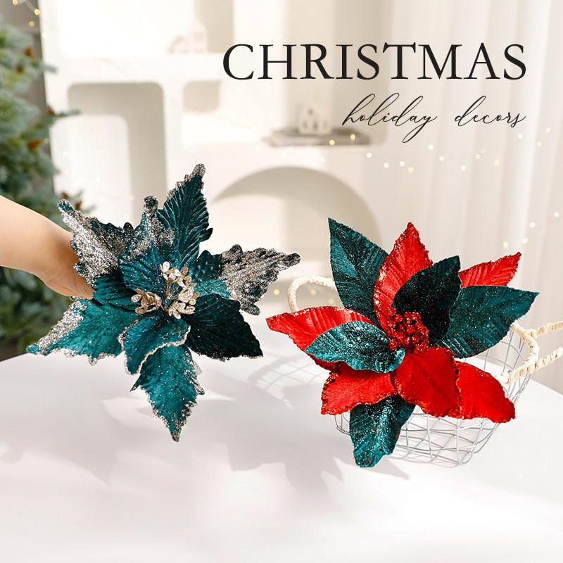 Christmas Flower Decor With Artificial Velvet Flowers For Holiday Tree Ornament Gift