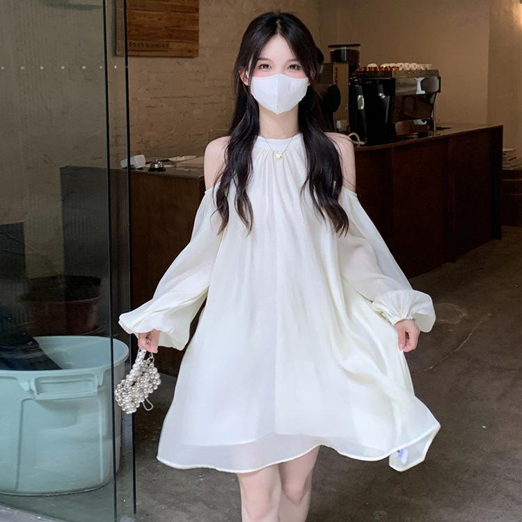 Off-the-shoulder Neck White Dress Women's Year New Spring Dress French Atmosphere Fairy Temperament Skirt Summer