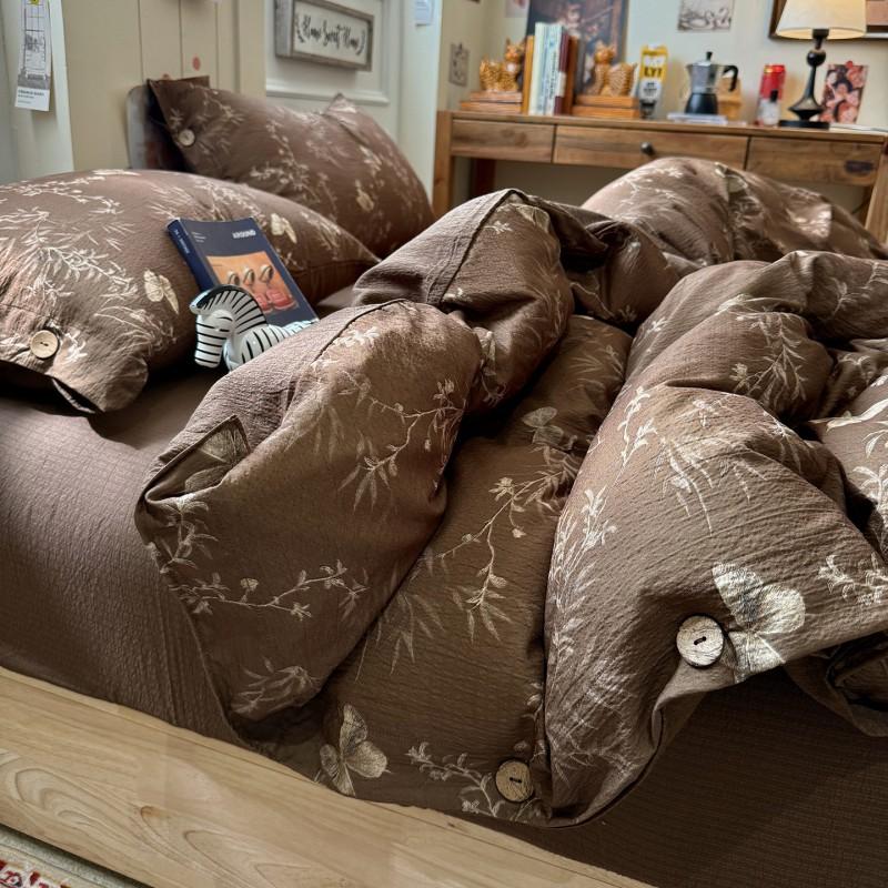 2026 Vintage Linen-like Floral Bedding Set 100% Cotton Button Soft Bed Sheets