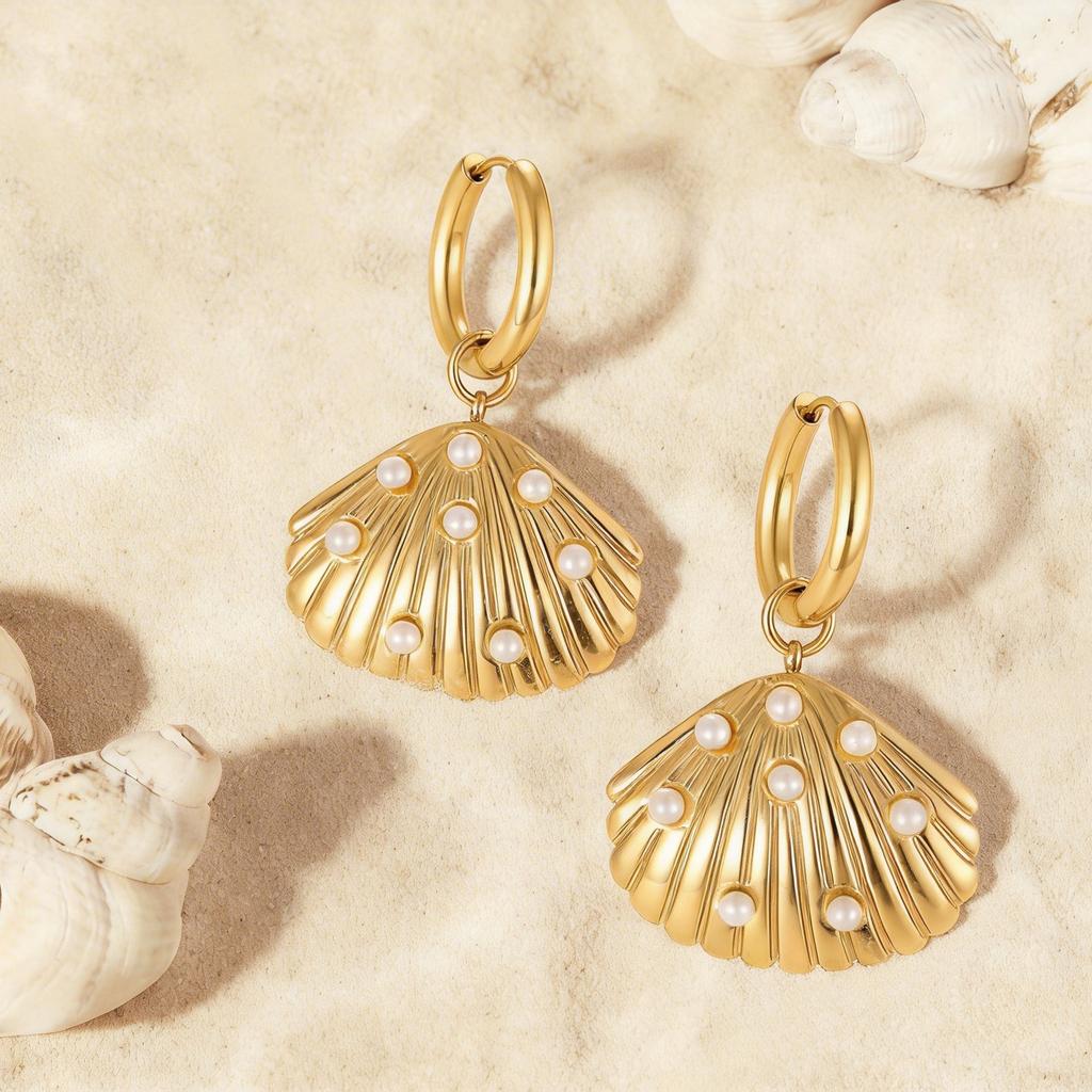 Vnox New Stainless Steel Sun Spiral Earrings for Women, Shell Imitation Pearl Earrings Minimalist Ear Jewelry Summer Beach Gift