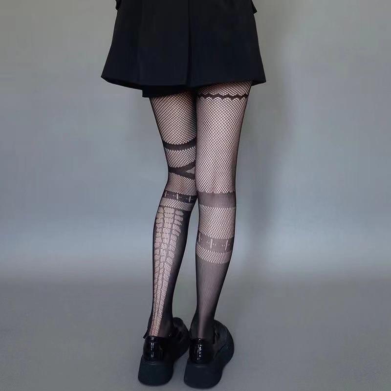 Gothic Lolita Girls Asymmetric AB Style Fishnet Tights Women Sexy Cross Patchwork Pattern Mesh Pantyhose Japan Punk Goth Hosiery